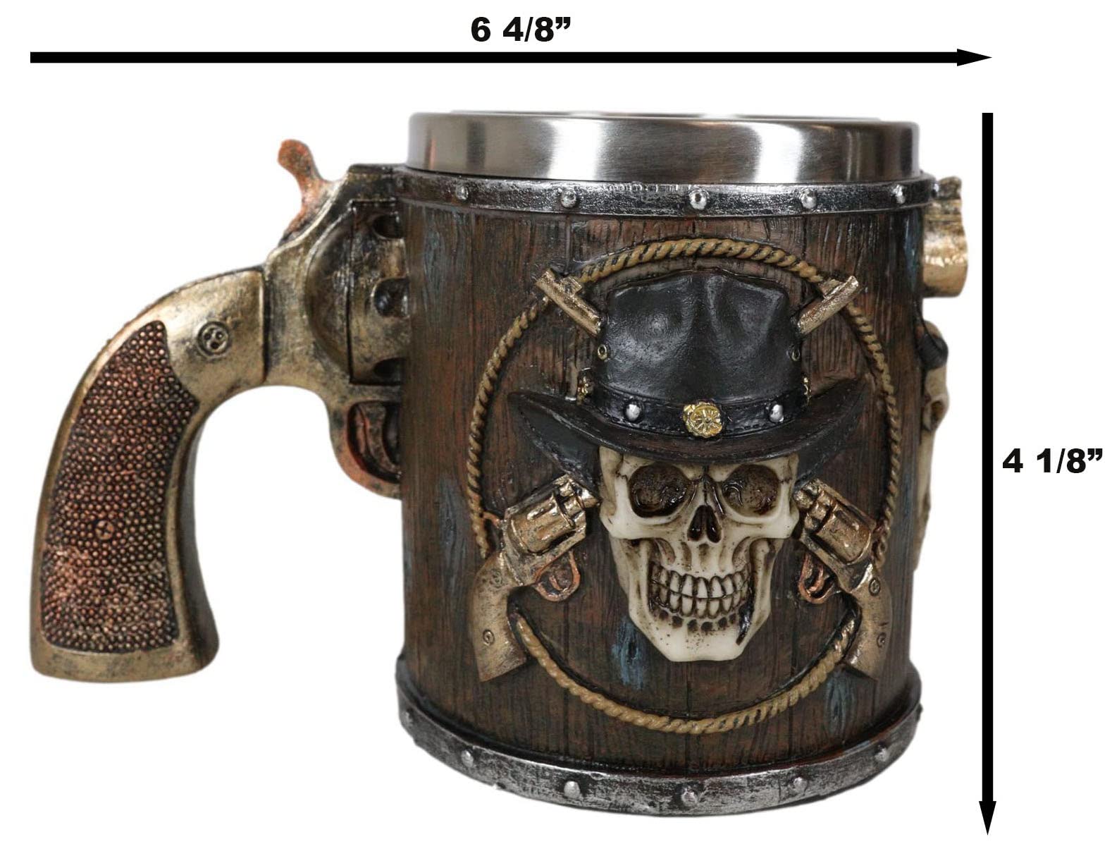 Ebros Gift Rustic Western Wild West Captain Sheriff Cowboy With Cow Skull Tankard Coffee Beer Mug Cup With Pistol Handle Kitchen Dining Accessory