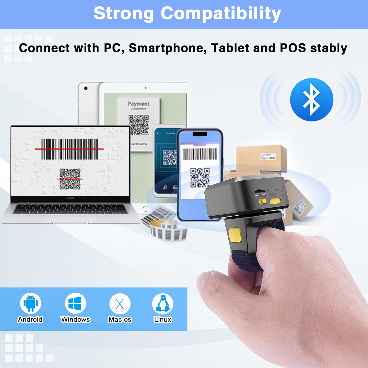 2D Bluetooth Barcode Scanner, Mini Wireless Wearable Finger Barcode Scanner 3-in-1 Bluetooth & USB Wired and 2.4G Wireless for Book, Warehouse Inventory, Express stocktaking
