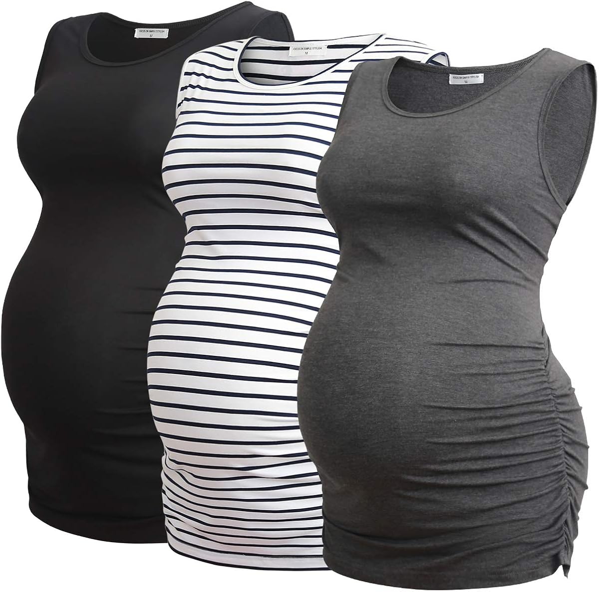 YIWOZA Women's Maternity Tank Top 3 Pack Ruched Side Sleeveless Pregnancy Basic Shirt YW027 : Clothing, Shoes & Jewelry