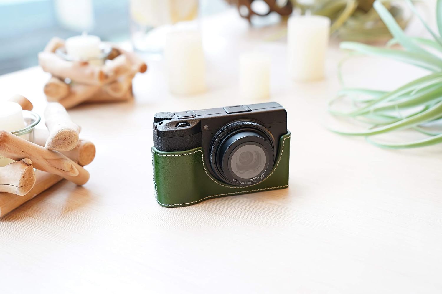 GR III Camera Case, BolinUS Handmade Genuine Real Leather Half Camera Case Bag Cover for Ricoh GR III GR3 Camera Bottom Opening Version + Hand Strap (Green)