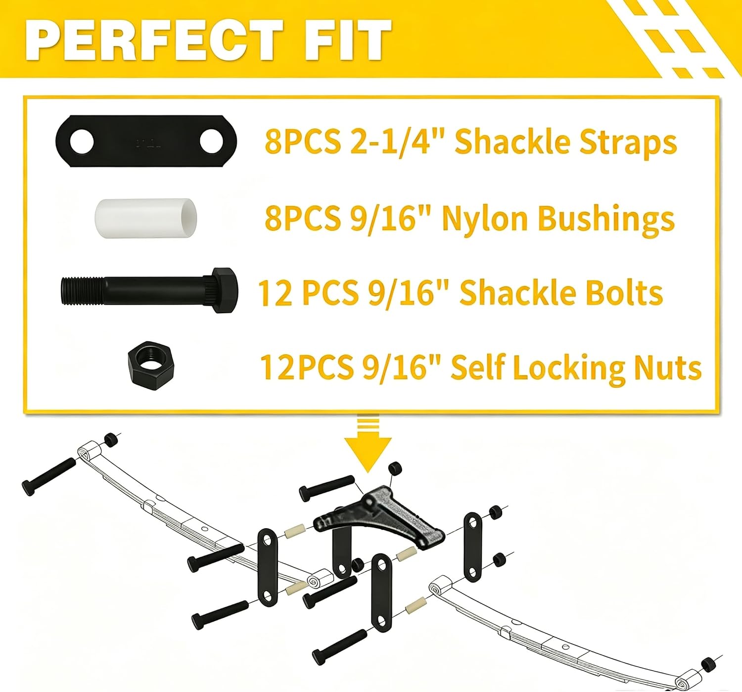 Tandem Axle Trailer Shackles Kit, Shackle Bolts, 2‑1/4" Shackle Straps