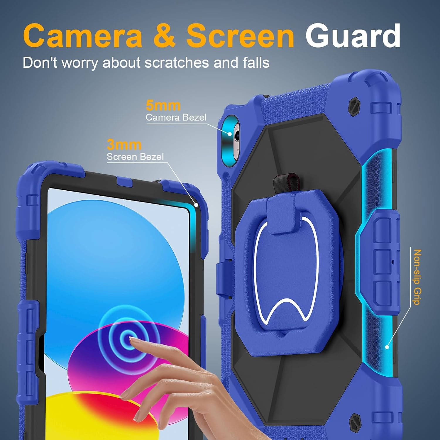 Case for iPad A16 11th Generation 11 Inch 2025, Auorld for iPad 10th Generation 10.9 inch 2022 case with Screen Protector, 360 Degree Rotating Stand Shoulder Strap Pencil Holder, Navy Black