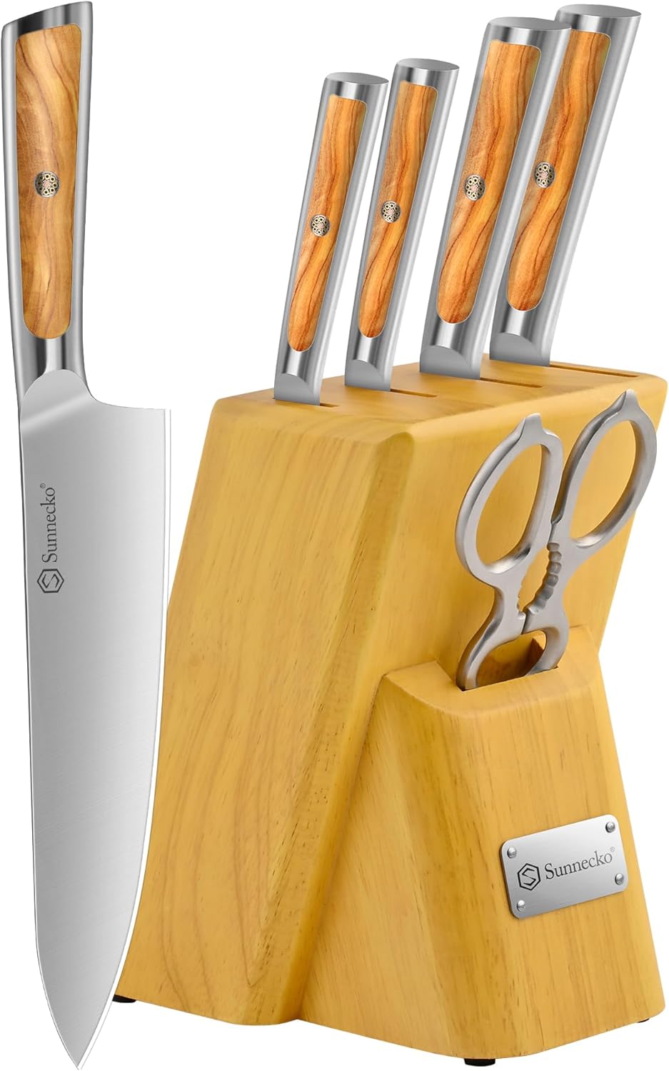 Sunnecko knife sets for kitchen with block - Kitchen Knife Set of 6pcs with High Carbon Stainless Steel 1.4116 kitchen knives - knife block set with Olive Wood Handle chef knife set
