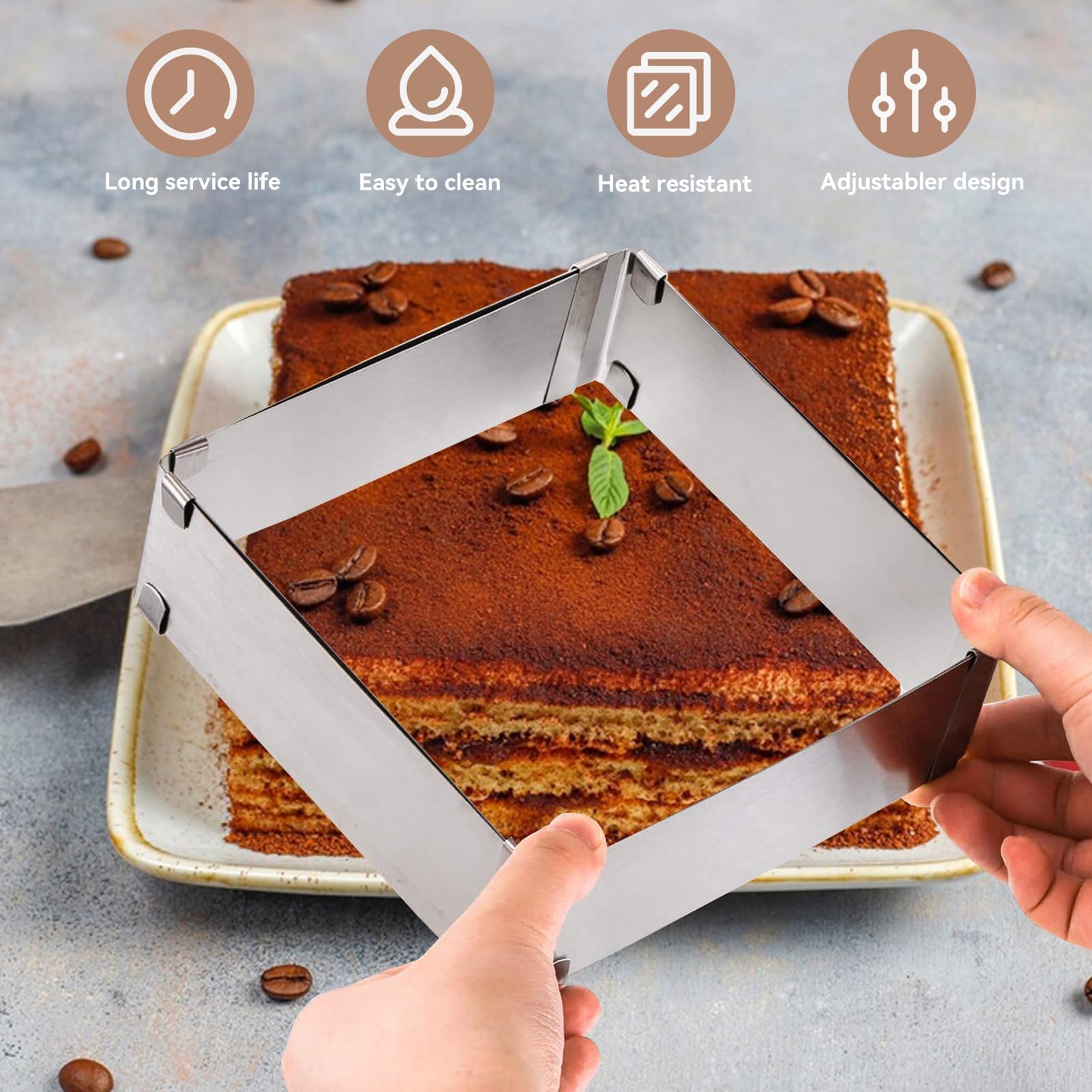 HERCHR Stampo Quadrato Torta, Telaio da forno regolabile 16 – 28 cm acciaio inox per Dolci, Pasticceria