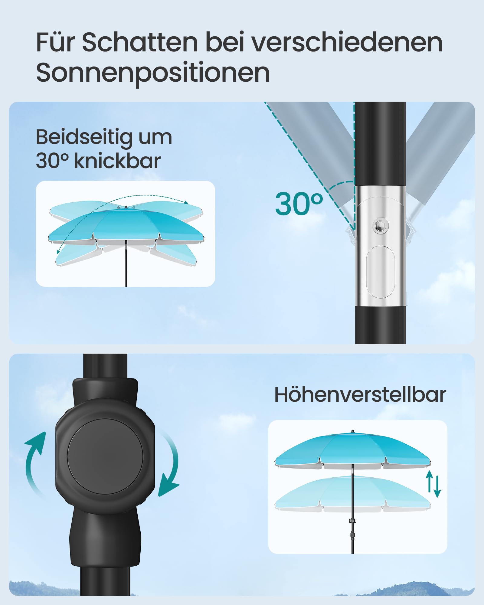 SONGMICS Sonnenschirm 200 cm, Strandschirm, Sonnenschutz UPF 50+, beidseitig um 30° knickbar, höhenverstellbar, Ablagefläche, Haken, für Strand, Garten, ohne Ständer, blau GPU0082Q01