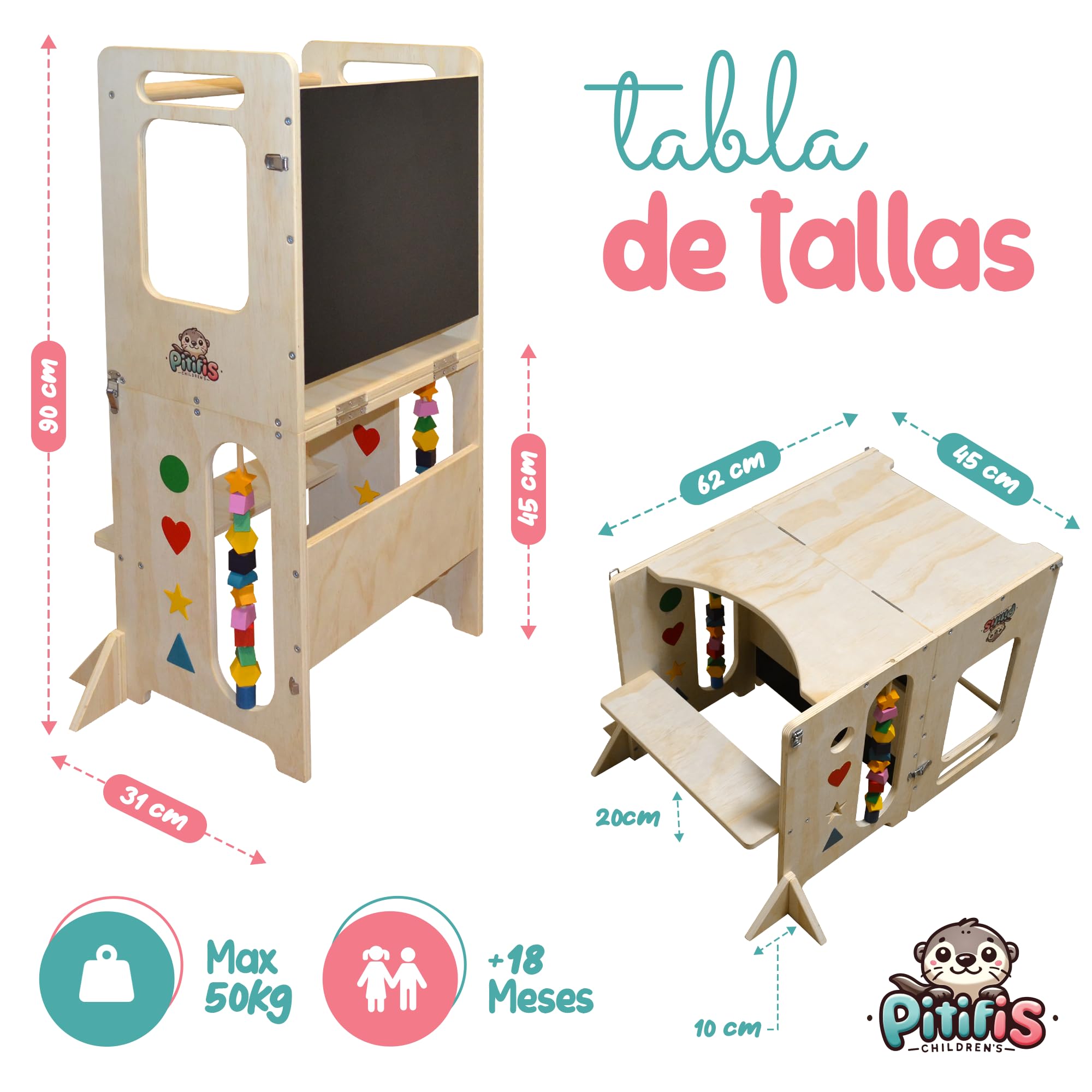 Torre de Aprendizaje Montessori 4 en 1 Pitifis | Torre de Aprendizaje para Niños con Pizarra y Escritorio | Taburete Cocina Infantil de Madera | Diseño Estable y Seguro | 90 x 31 x 45 cm
