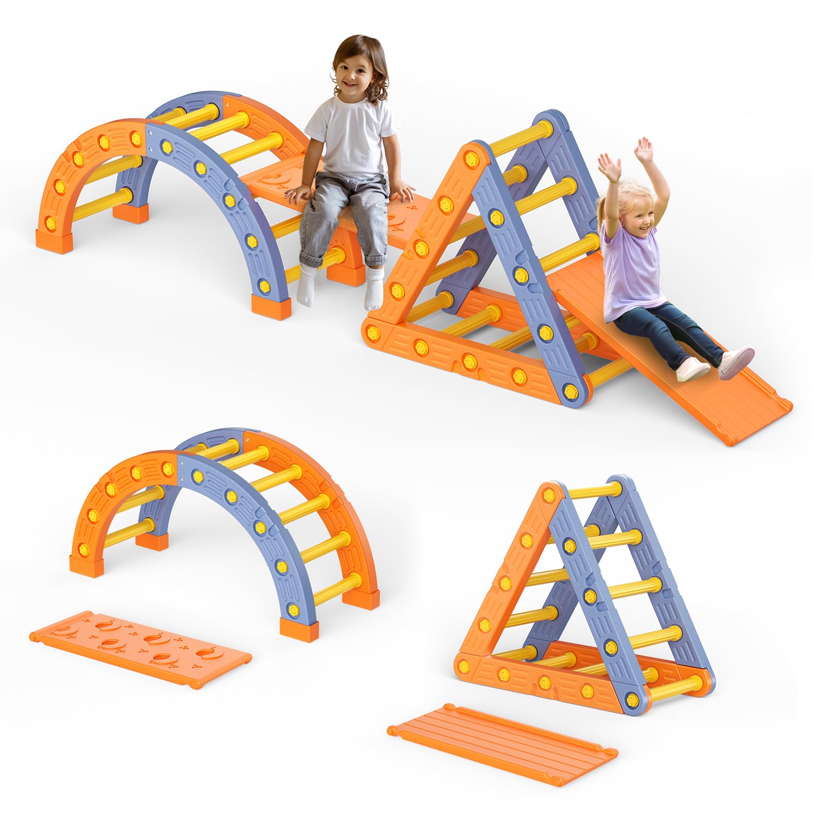 Montessori Klettergerüst Set, Indoor Kletterdreieck mit Dreieckiges Klettergerüst,Halbkreis, Leiter,Rutsche aus Kunststoff Kletterturnhalle für Babys (Orangeblau 005)