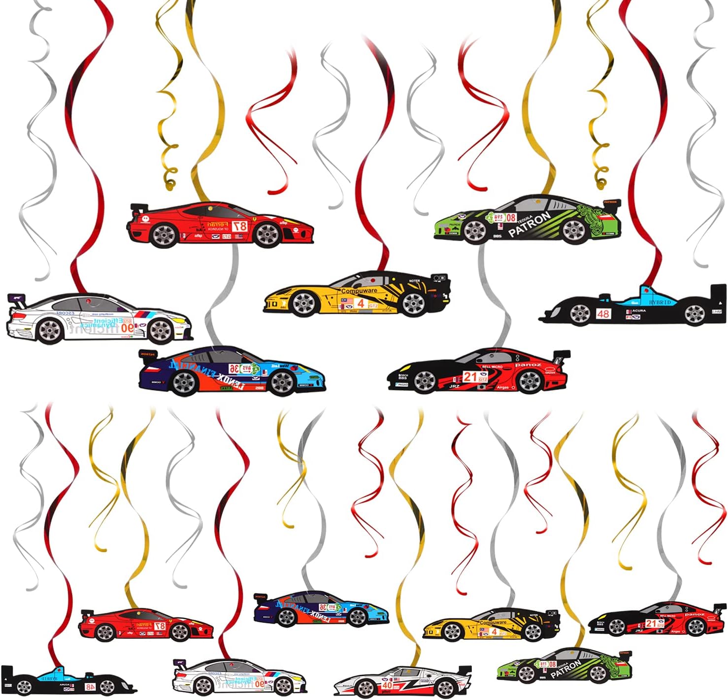 Racing Car Party Foil Swirls Streamers Photo Booth Props Kit - 30 Pcs Room Hanging Decorations Happy Birthday Childrens Kids Favors Party Supplies - NO DIY REQUIRED