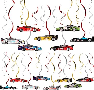 Racing Car Party Foil Swirls Streamers Photo Booth Props Kit - 30 Pcs Room Hanging Decorations Happy Birthday Childrens Kids Favors Party Supplies - NO DIY Required