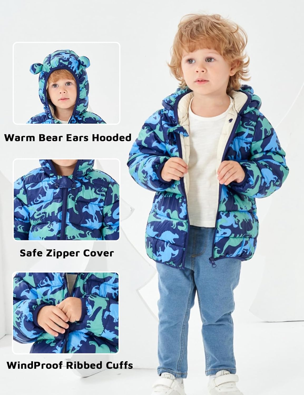 JunNeng Toddler Winter Coat Baby Puffer Jacket, Boy Hooded Dinosaur Coat - Image 6