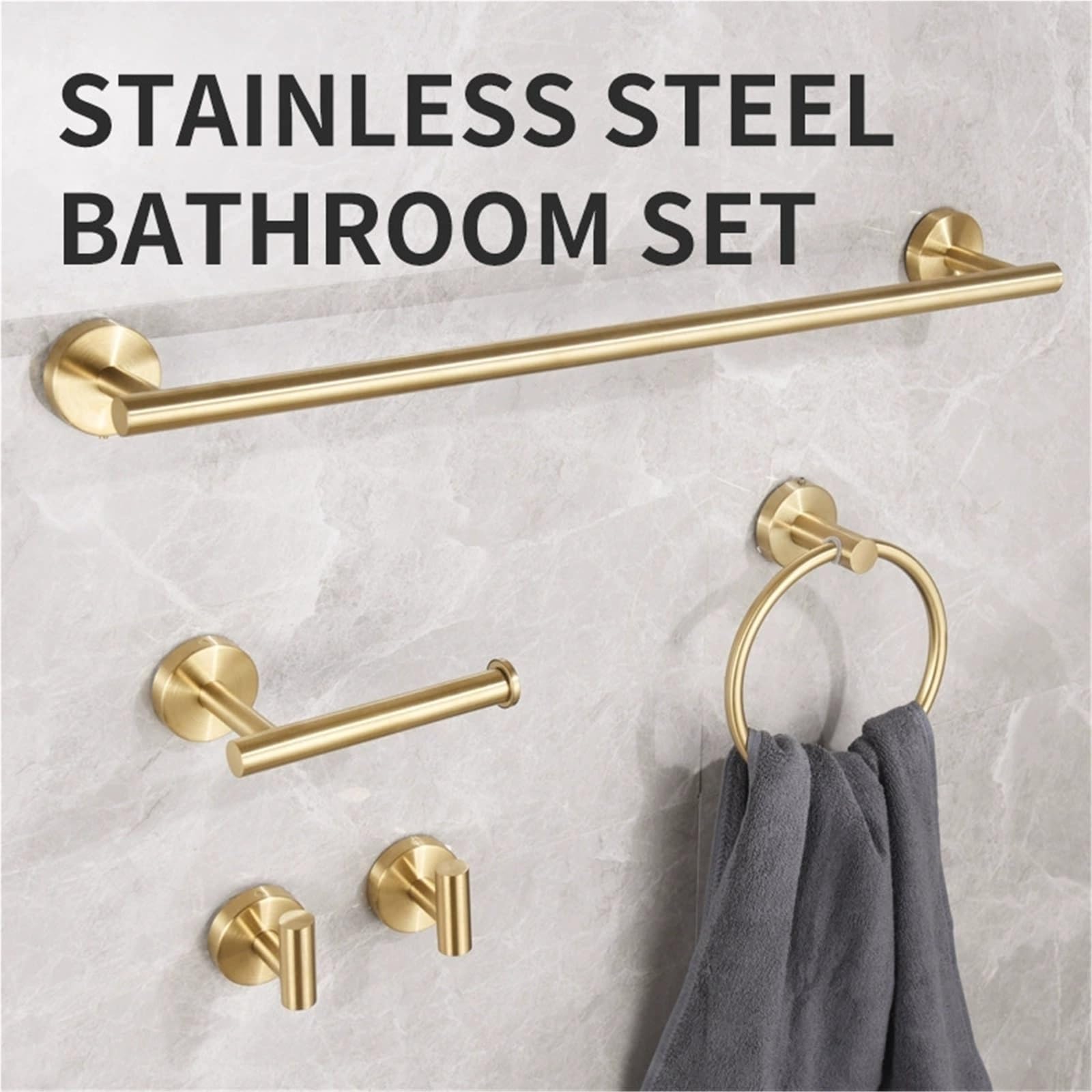 Juego Accesorios Baño Portarrollos Papel Higiénico Negro | Anillo para Toalla Herrajes Acabado Dorado Cepillado,Soporte para Toalla Mano Ganchos Batas Montaje Pared(Silver)