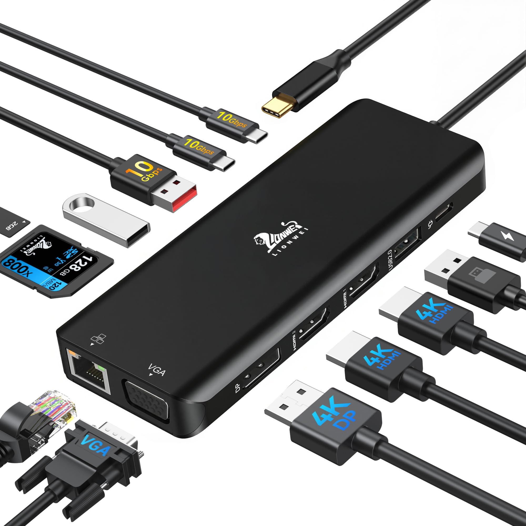 USB C Docking Station 3 Monitor 13 in 1 Hub USB-C con 2 HDMI 4K@60Hz, 8K@30Hz DisplayPort, VGA, 3 USB 3.1 10Gbps, PD 100W, Gigabit Ethernet, adattatore multi-monitor per MacBook Dell HP, nero