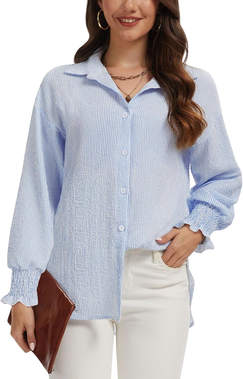 WEACZZY Women's Striped Button Down Shirts Long Sleeve Smocked Cuffed Oversized Boyfriend Blouses Collared Causal Tops