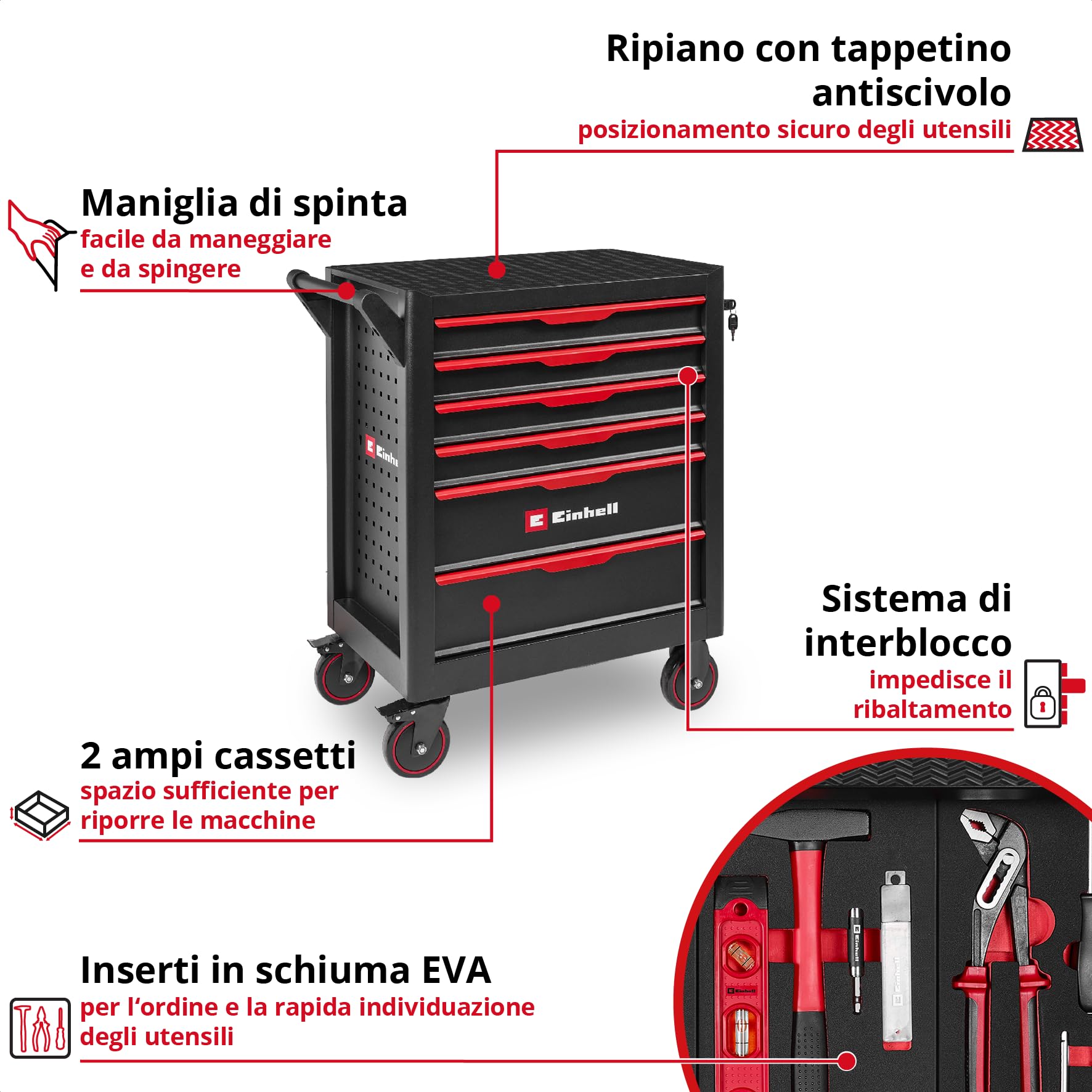 Einhell 149 pezzi carrello portautensili da officina | Inserti da 25 mm | chiavi combinate | set di bussole | cricchetto | pinze | martello da meccanico | livella | metro a nastro