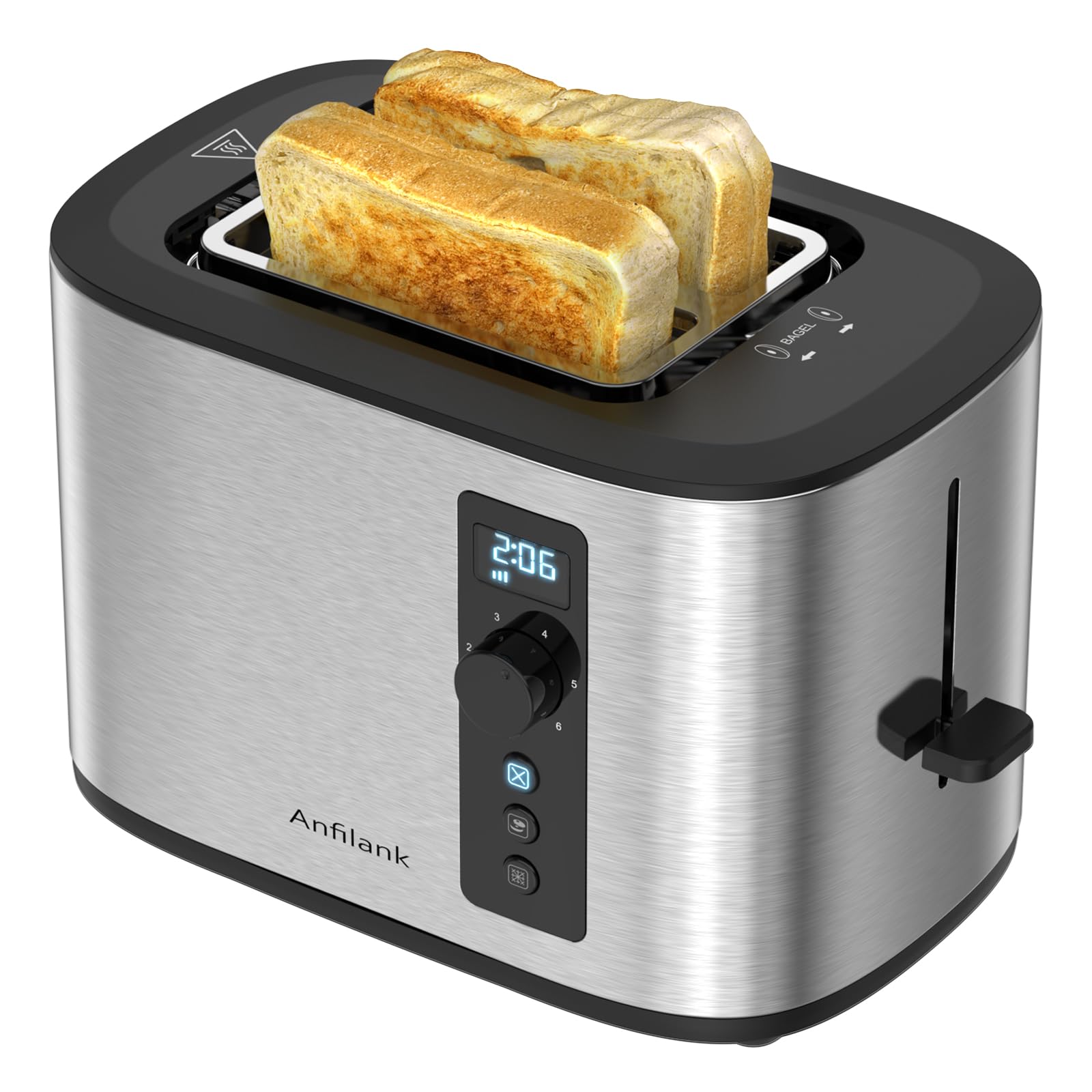 Extra Wide Slot 2-Slice Toaster with Digital Countdown Timer, 6 Browning Settings, Built-in Warming Rack, Cancel/Bagel/Defrost Functions, Stainless Steel