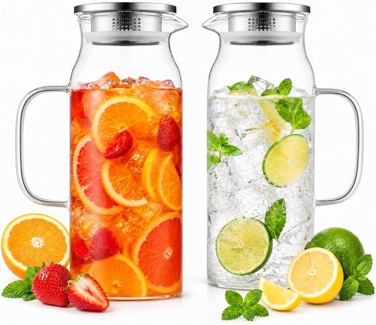 Glass Pitcher with Lid and Handle, Large Capacity Glass Water Pitcher, Heat Resistant Pitcher for Hot & Cold Brewed Beverages, Homemade Drinks