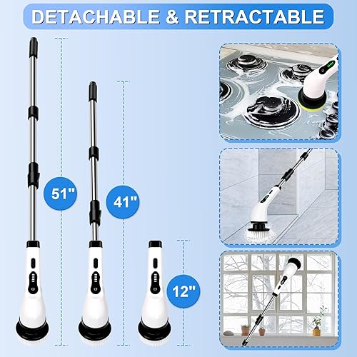 Miniatura 3 de Cepillo eléctrico giratorio, cepillo de limpieza inalámbrico, 9 cabezales de repuesto, cepillo de limpieza de ducha con brazo de extensión para