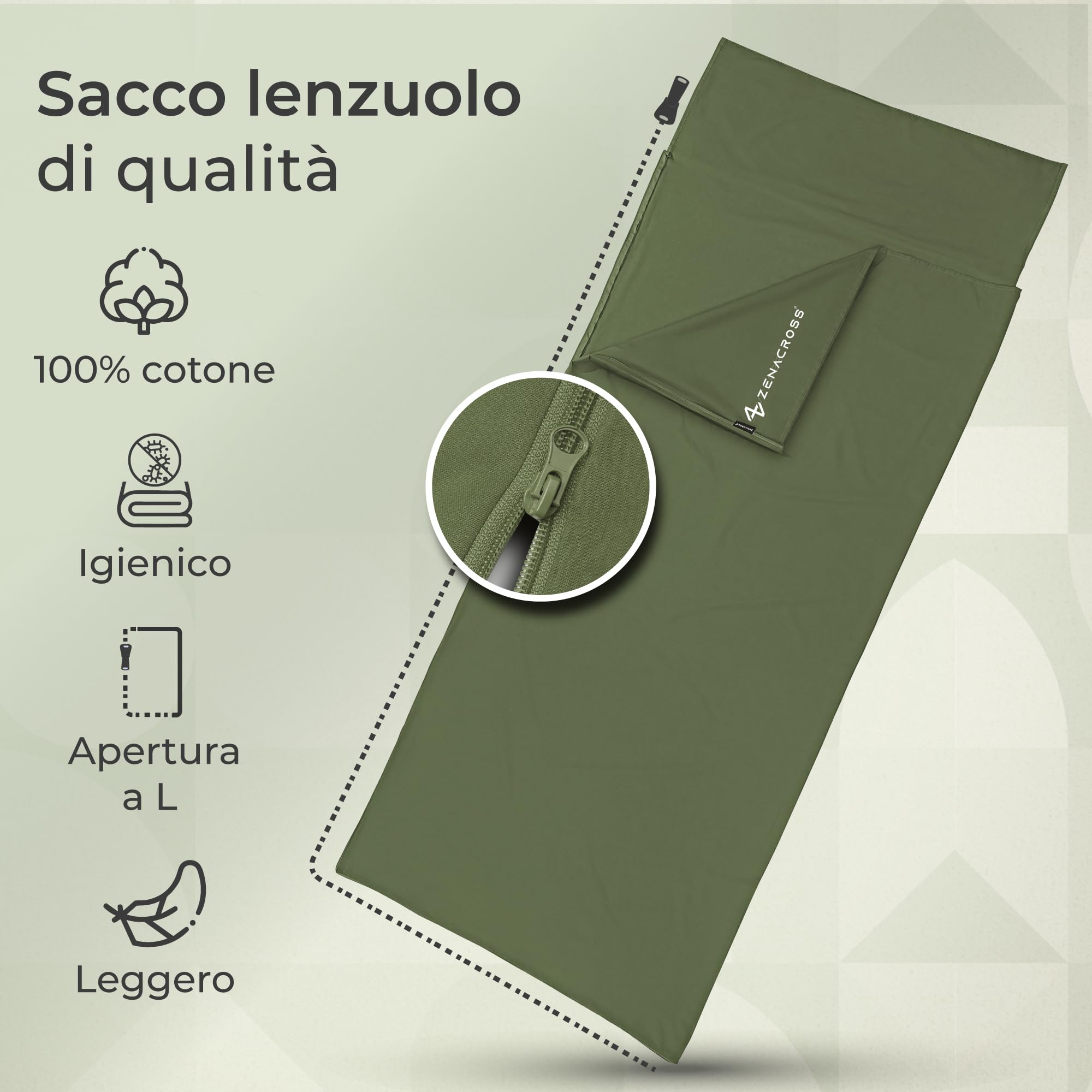 Zenacross - Sacco Lenzuolo da Viaggio - Sacco Letto Singolo Ultraleggero e Compatto - 100% Cotone - Saccoletto con Scomparto per Cuscino - Sacco Lenzuolo Cotone Singolo