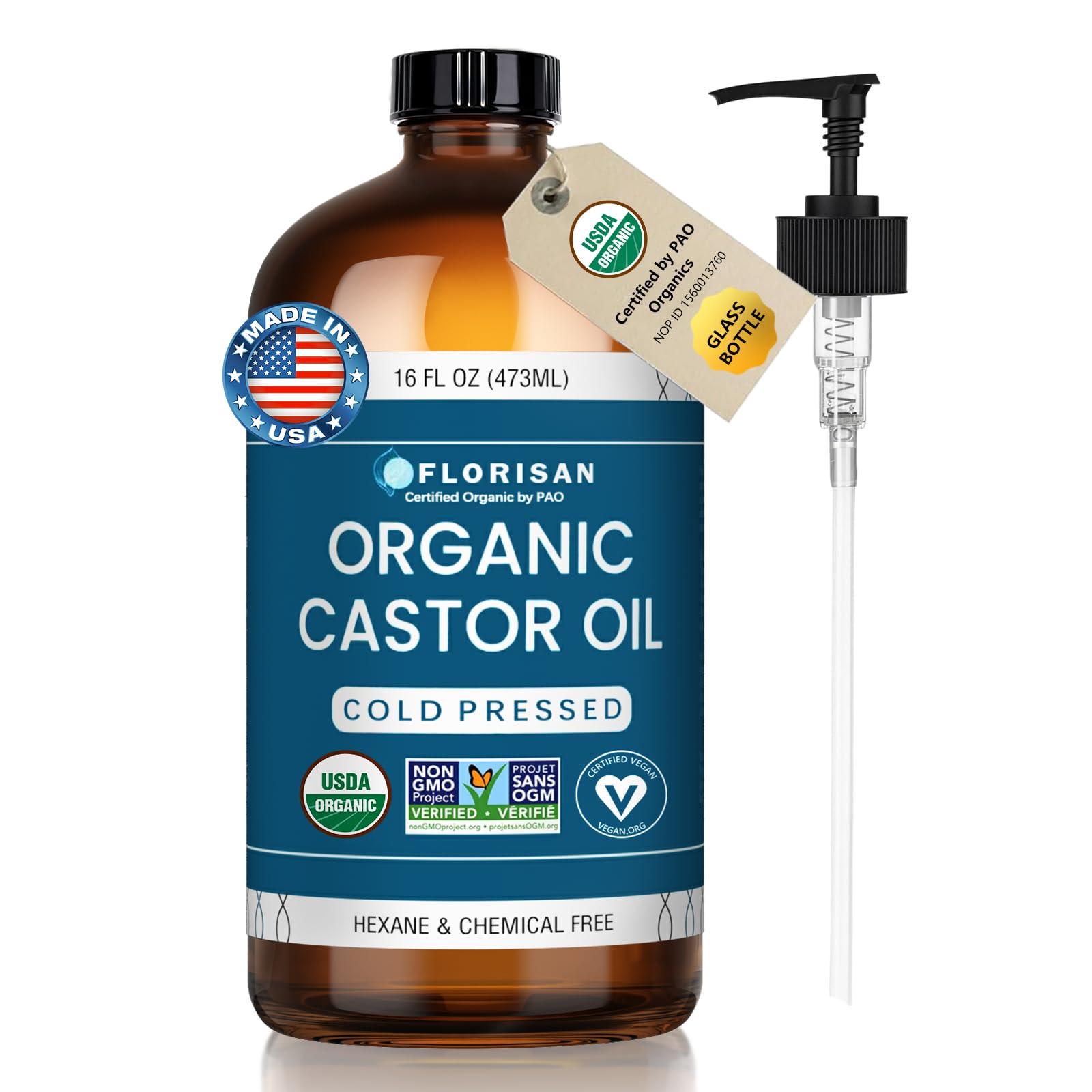 Organic Castor Oil 16oz Glass Bottle Cold Pressed Hexane-Free Non-GMO 100 Pure Castor Oil for Hair Growth Skin