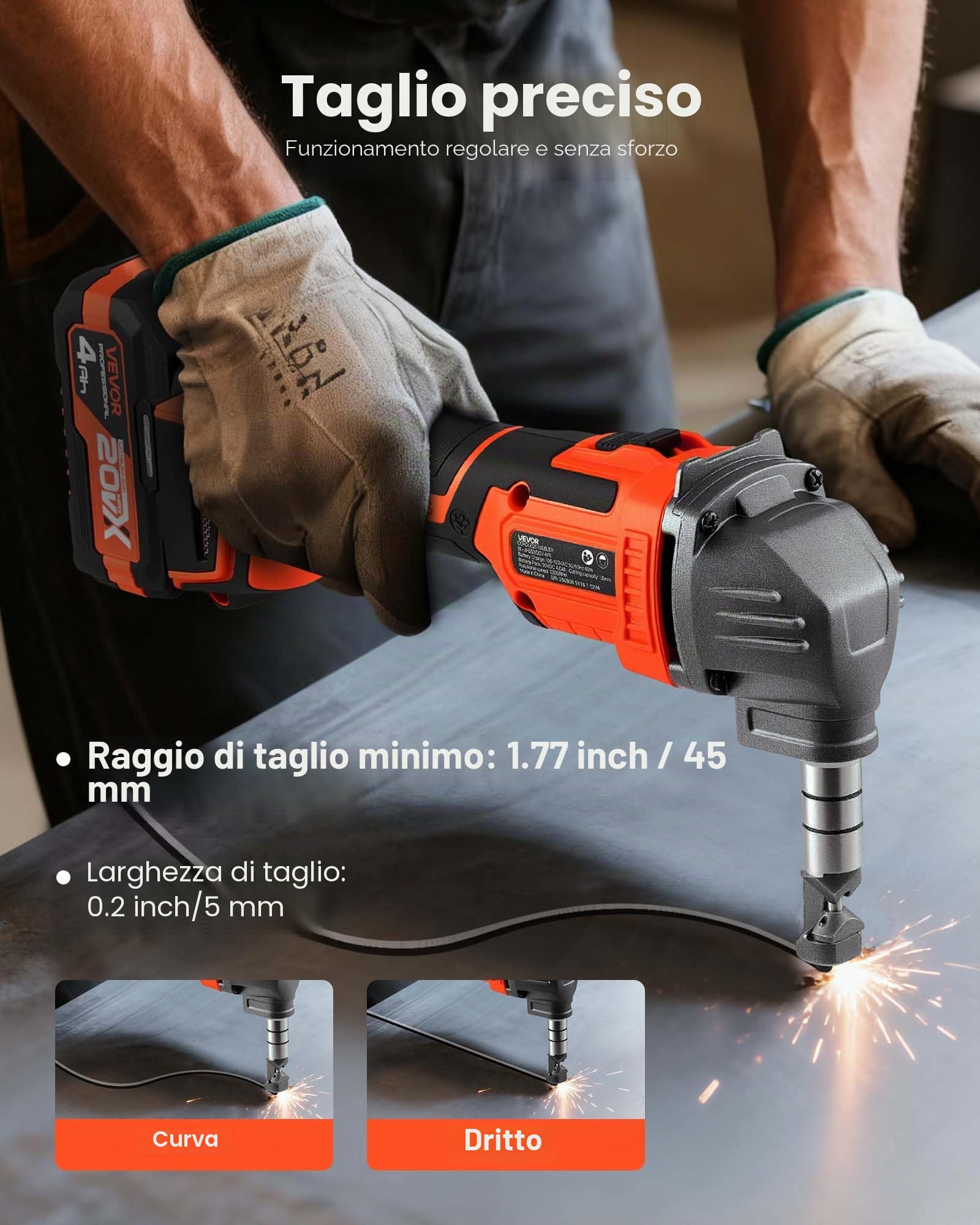 VEVOR Roditrice per Lamiere Senza Fili con Batteria da 20 V 4000 mAh, Motore Brushless da 2200 giri/min, Taglierina Elettrica per Lamiere con Custodia in Plastica per Taglio di Acciaio Alluminio