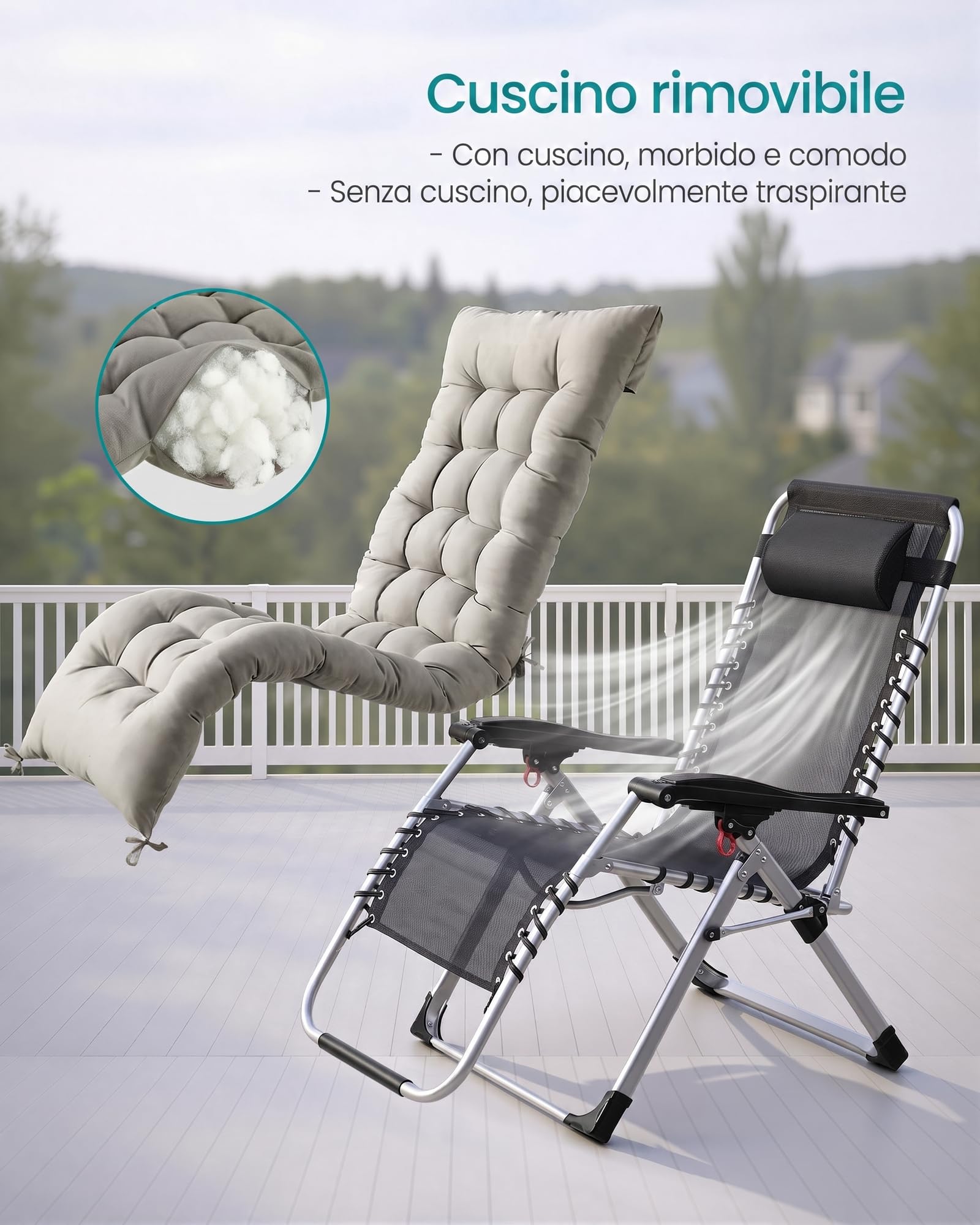 SONGMICS Sdraio da giardino, Sedia a Gravità Zero Reclinabile, 89 x 87 x 110 cm, 1 Pezzo, per Giardino e Terrazza Grigio Sandy GLB040GZ04