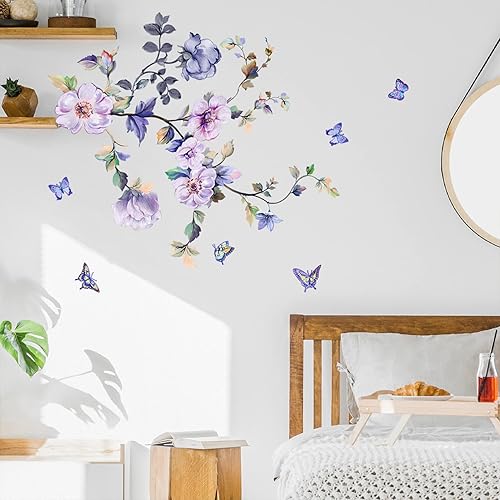 Miniatura 2 de hanlongyu Calcomanías de pared de flores moradas, calcomanías de pared extraíbles de flores frescas, despegar y pegar, calcomanías de mariposas