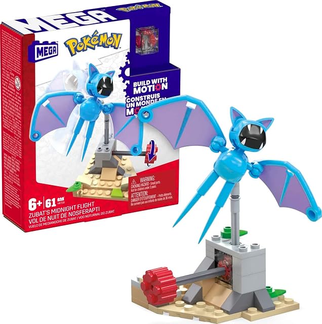 MEGA HKT19 - zabawki budowlane Pokémon dla dzieci, lot o północy Zubata z figurką akcji do złożenia i kamieniem do mechanicznego poruszania, zabawki konstrukcyjne dla dzieci w wieku 6+