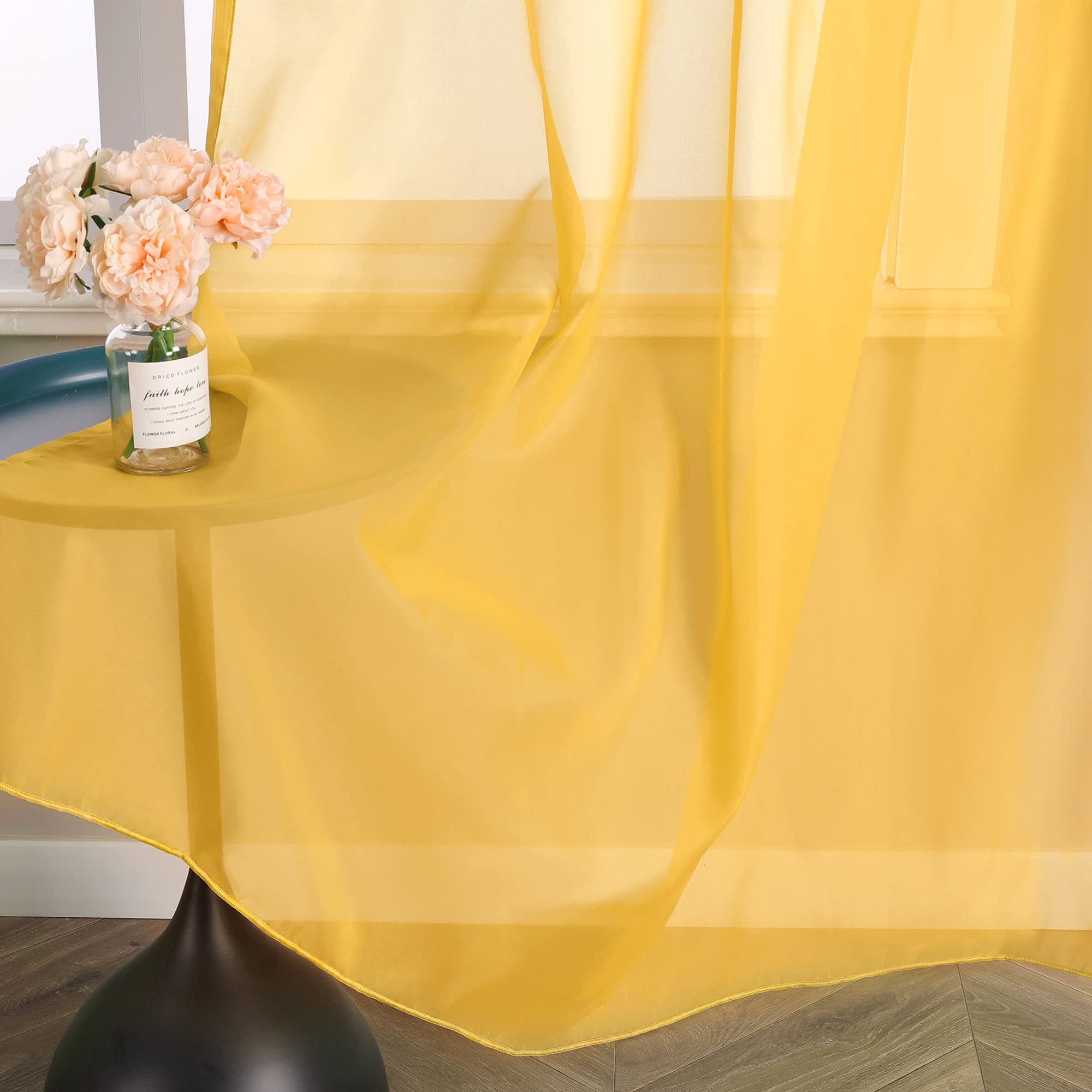 HongYa 1 tenda in voile tinta unita con fettuccia arricciatrice, facile installazione, trasparente, decorazione per finestra del soggiorno, camera da letto, semplice e naturale, giallo H/L 225/145 cm