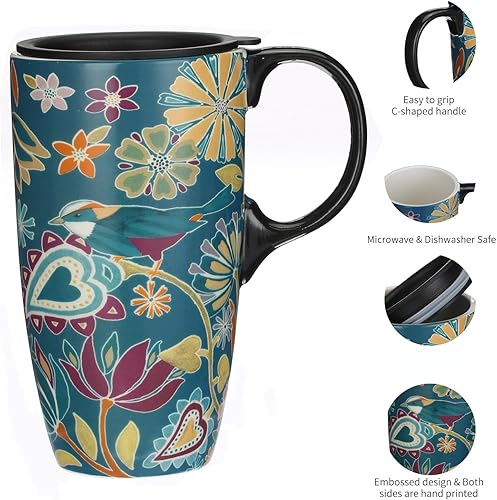 Miniatura 3 de Topadorn Taza de cerámica para café, taza de té de porcelana con tapa, 17 oz, sinfonía floral, pájaro verde
