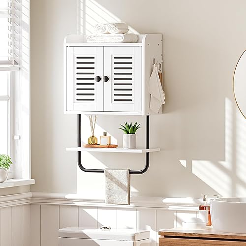 Miniatura 4 de HOOBRO BW46CW01 - Armario de pared de baño con puertas dobles con toallero, estante ajustable, 2 ganchos, armario de almacenamiento sobre el