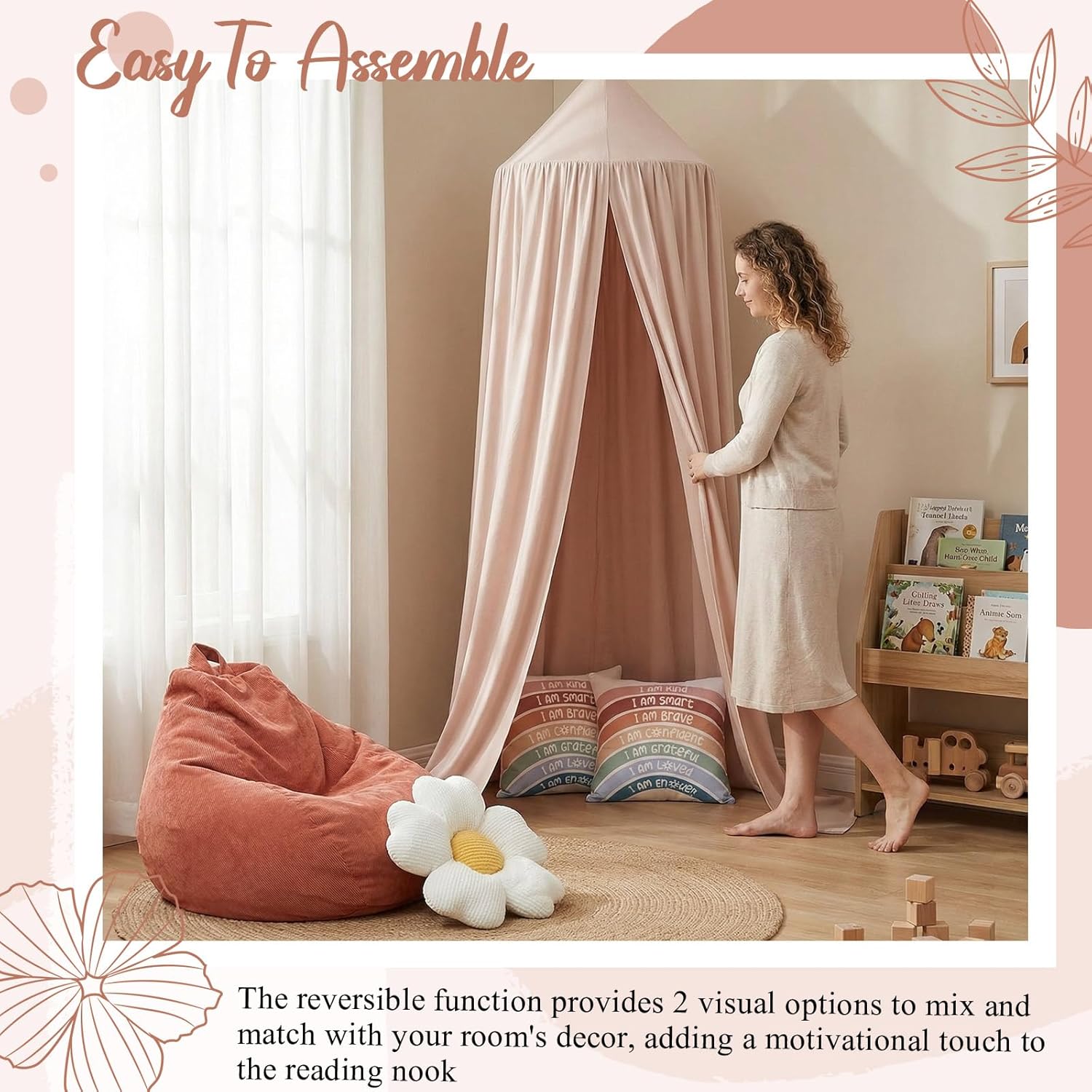 5 Pcs Reading Nook Set for Kids, Kids Reading Corner Decor with Bean Bag Chair Cover & Throw Pillow Cover(No Filler) Canopy and Flower Pillow for Bedroom Playroom Nursery Indoor Decor