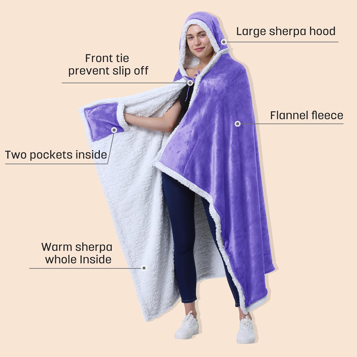 Catalonia Hooded Blanket Poncho | Wearable Blanket Wrap with Hand Pockets | Comfy Sherpa Fleece Throw Cape for Adults, Women Gift - Image 2