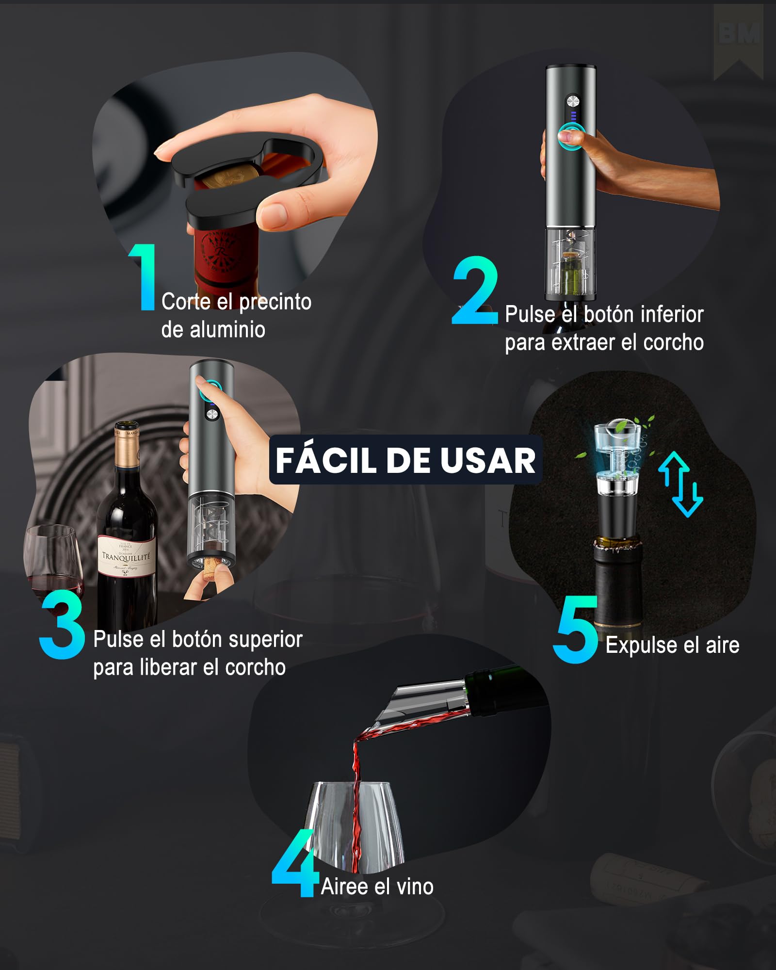 Sacacorchos eléctrico recargable inox, abridor de vino electrico saca rolhas regalos para hombre mujere abrebotellas con vertedor aireador, 2 tapón vino al vacío, cortador láminas y cable USB