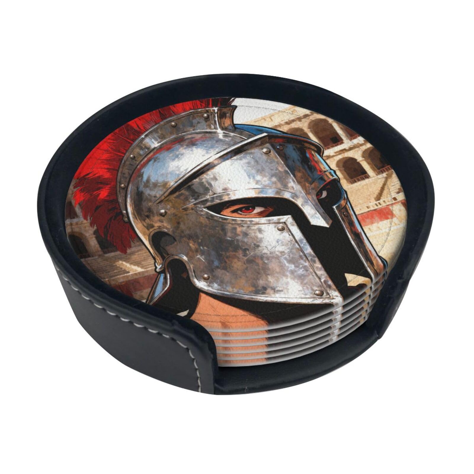 Cntdbu White Gladiator Helmet Face Leather Coasters Set Of 6-Pu Leather Drink Mats For Table, Heat Resistant Round Coasters With Holder