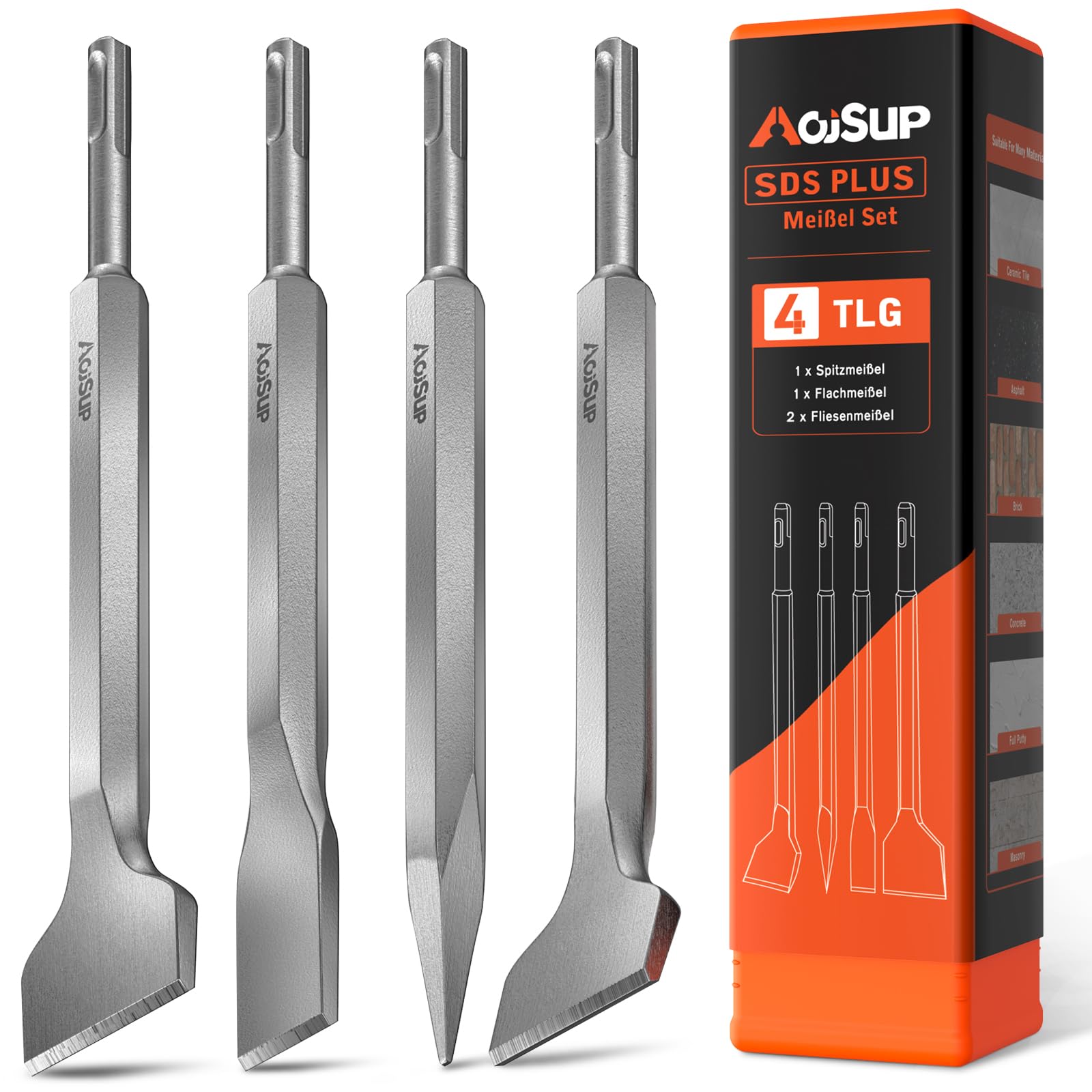 Set 4 Scalpelli SDS-Plus Professionali - Per Trapani Bosch, Makita, Dewalt - Punta, Piatto E 2 Per Piastrelle