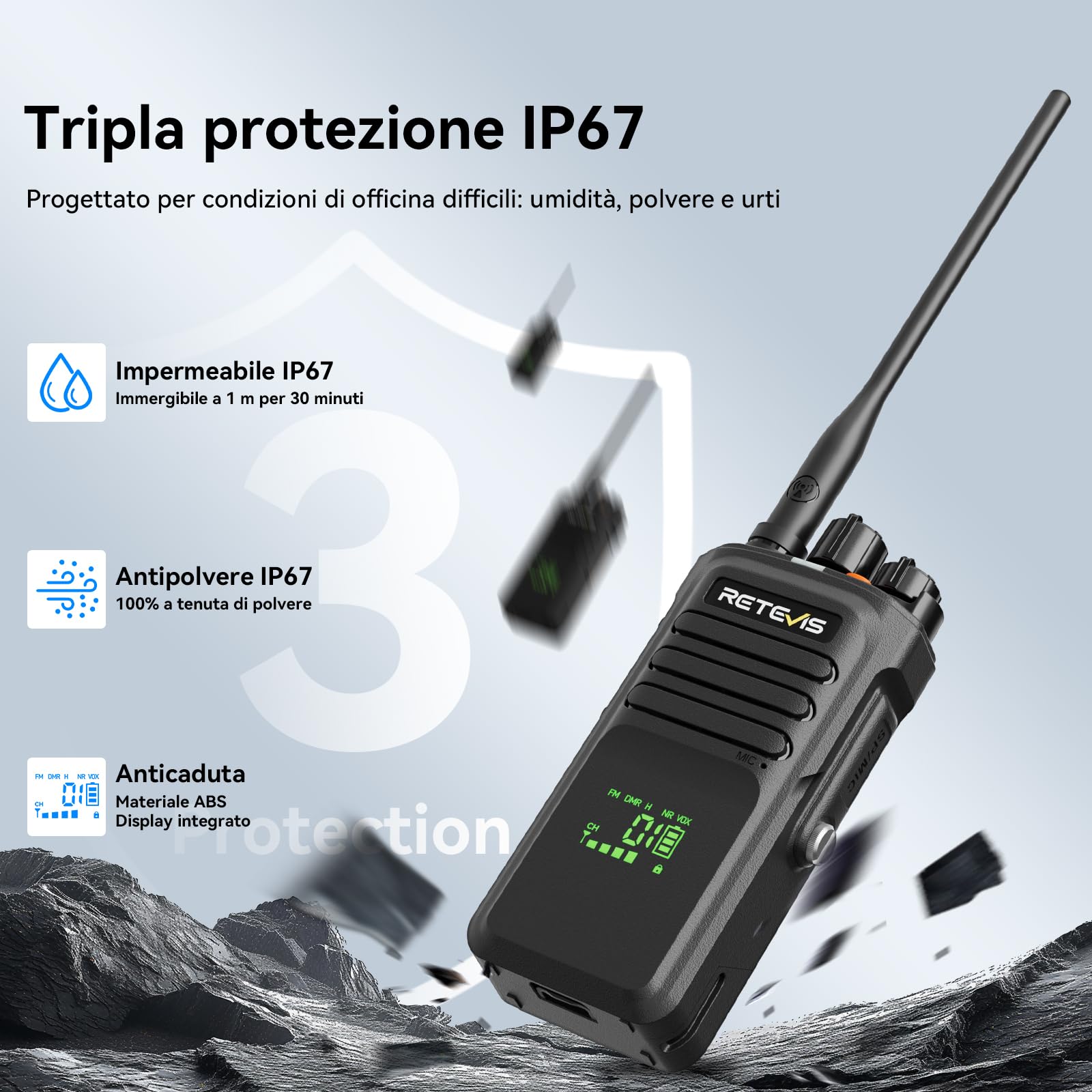 Retevis NR40 Ricetrasmittente DMR, Walkie Talkie Impermeabile IP67 | 2800mAh, Audio Chiaro, Struttura Robusta, per Logistica e Aziende di Trasporto, Nero, 1 Confezione