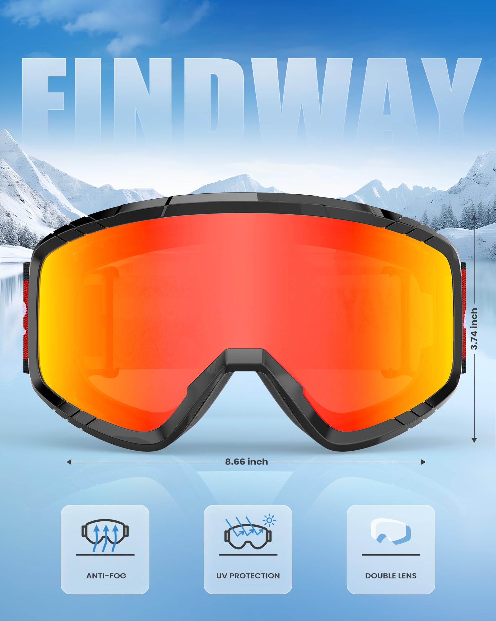 Findway Maschera da Sci, Occhiali da Sci per Uomo Donna Teenager OTG Maschere Sci, 100% Anti-UV Maschera Sci, Anti Nebbia, Adatto a Snowboard, Motocross e Altri Sport Invernali