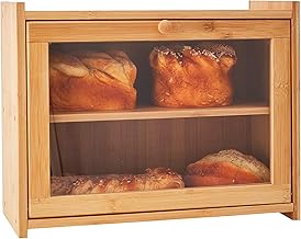 WORTHYEAH Bamboo Bread Box for Kitchen Countertop, 2 Adjustable Layer Breadboxes, Wooden Bread Storage Box with Transparent Window, Kitchen Bread Holder, Large Capacity Bread Boxes