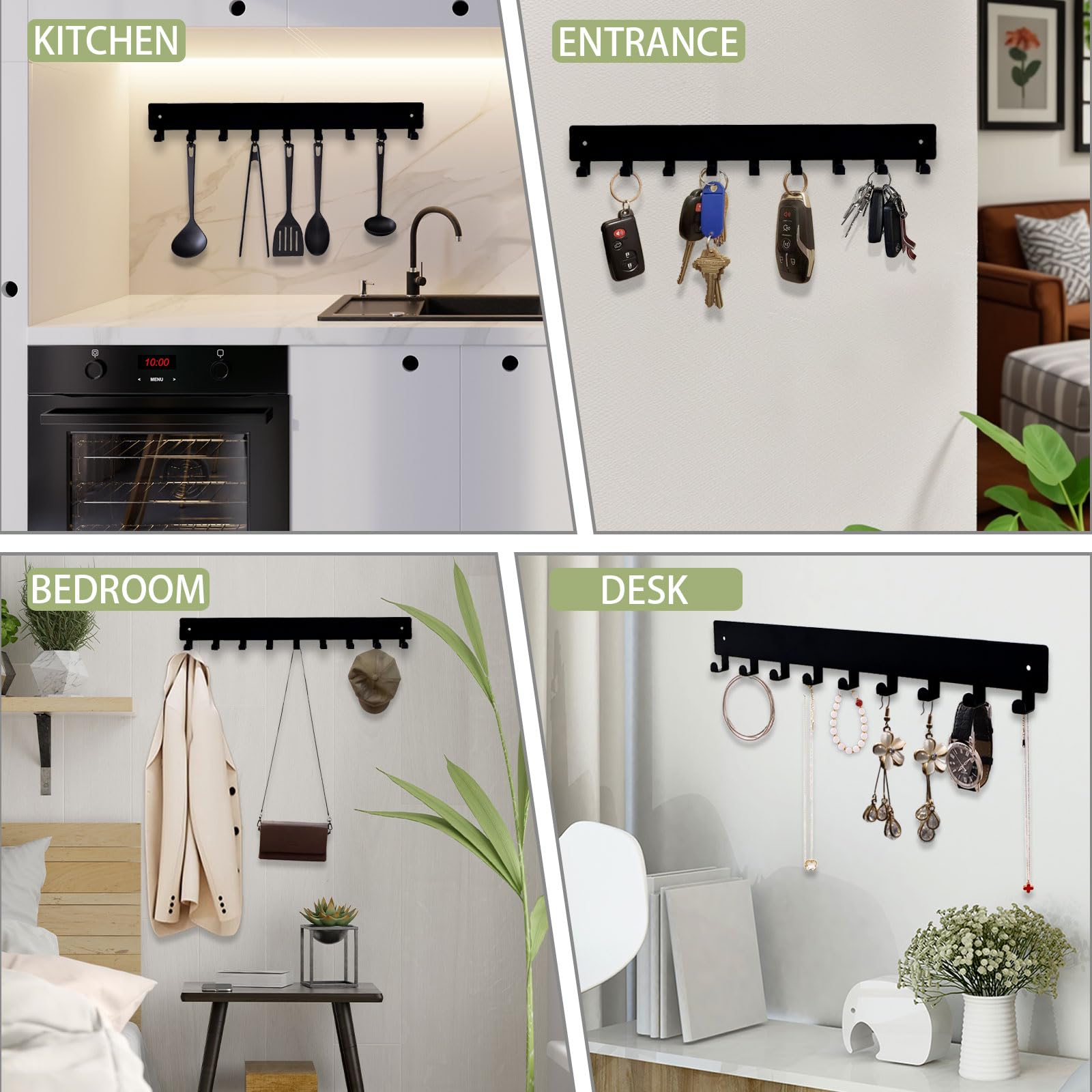 Portachiavi da parete con 9 ganci, organizer per chiavi in metallo, nero, per ingresso, cucina, soggiorno, ufficio, decorazione per porte (35,5 cm)