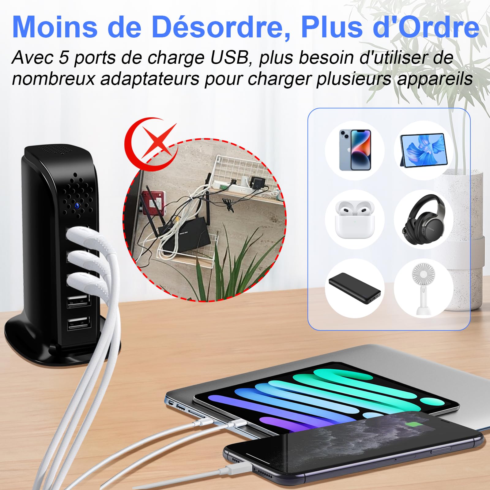 Caméra Espion WiFi 5G/2,4G, Mini Camera Cachée Station de Charge Sans Fil | Micro Camera Surveillance Discrete a Distance 1080P HD, Détection de Mouvement Intérieur pour Maison Bureau, 5 ports USB