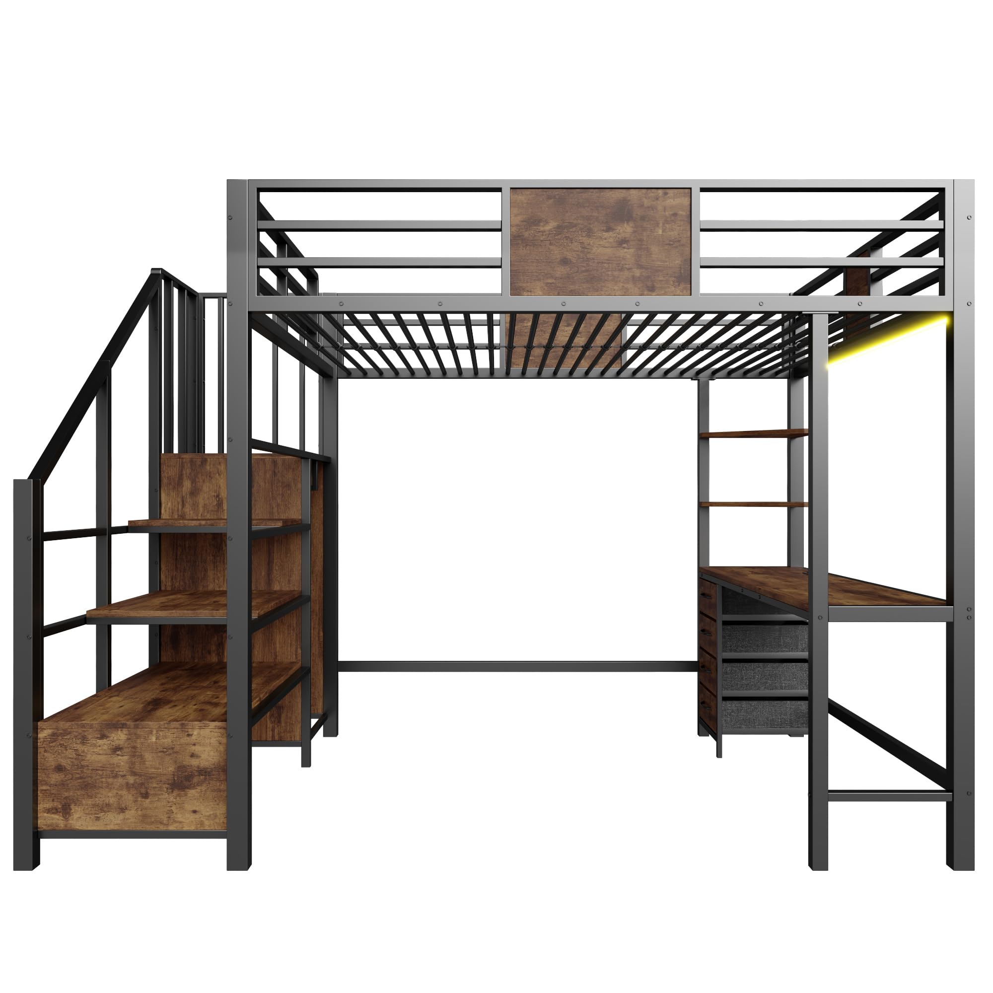 Lit Mezzanine Enfant 140x200cm avec éclairage LED et Prise électrique,métal lit superposé 2 Place avec Bureau, étagères, Tringle à vêtements,lit avec Rangement,Cadre de lit,sans Matelas,Noir
