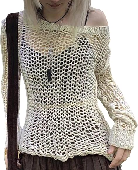 Women Hollow Out Pullover Loose Long Sleeve Crochet Sweater