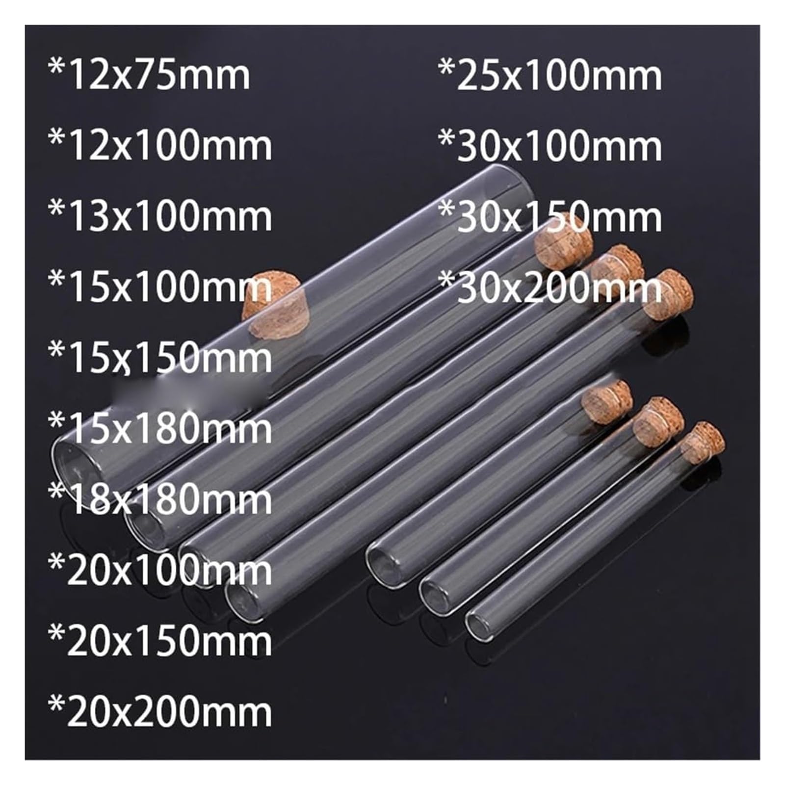 Przezroczyste szklane probówki, Z korkiem z naturalnego korka. Wiele rozmiarów. Przezroczysta szklana tuba płaskim dnem. Opakowania wielokrotne(30x200mm 10pcs)