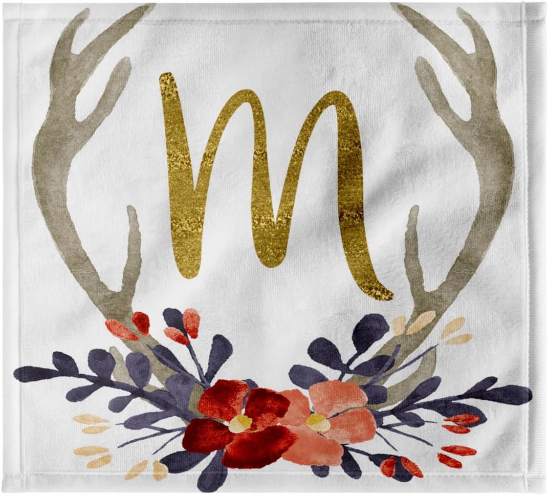 3dRose Glam Gold M Monogram in A Watercolor Pink and Blue Floral Antler 22x30 Bath Hand Pool Towel