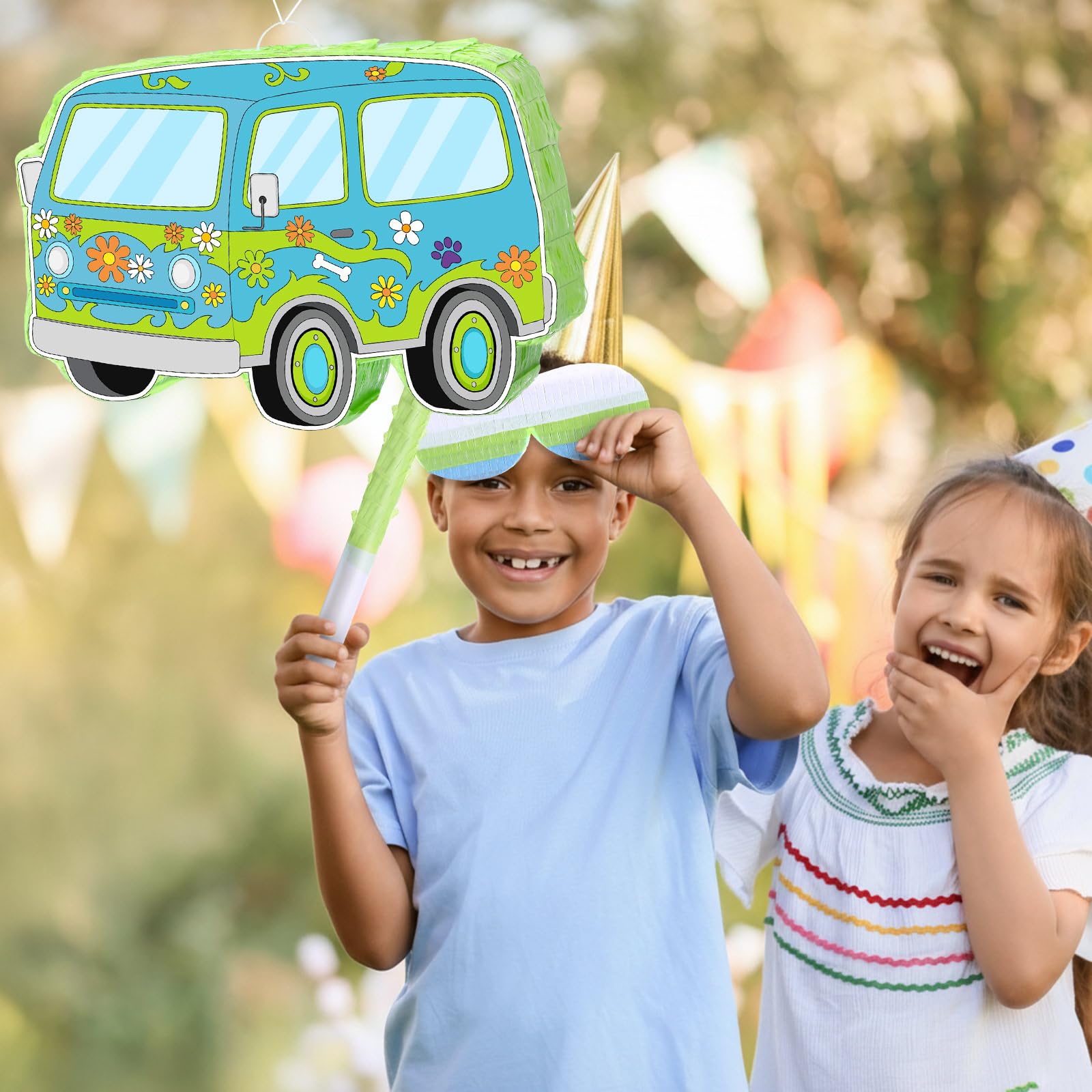 Threan Decoración de fiesta temática de perro, piñata de coche de dibujos animados, hippie, Groovy Daisy Piñata, juego con palo con los ojos vendados, para niños y niños, decoración de fiesta de