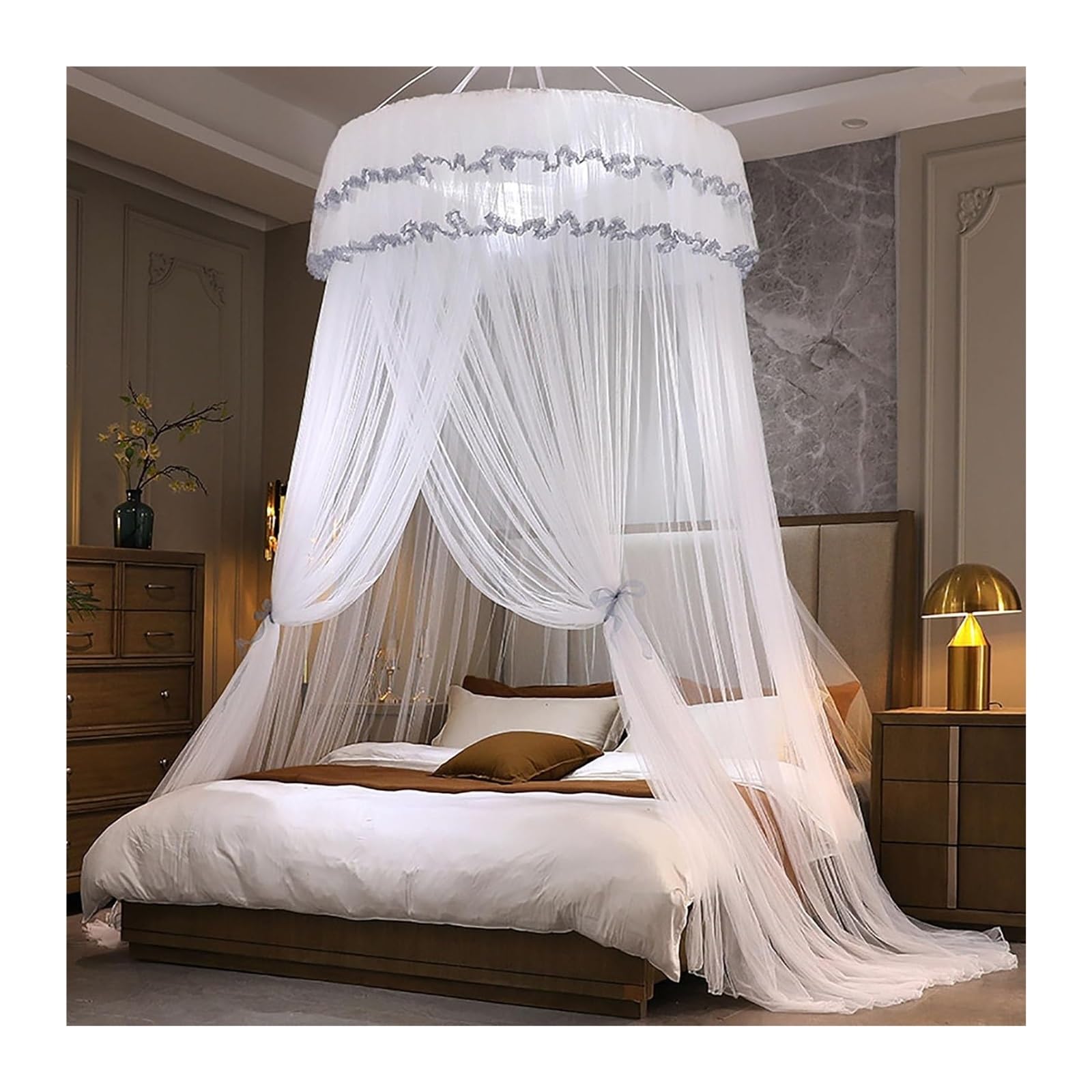 Baldaquin rond blanc haut de gamme avec voilage double couche