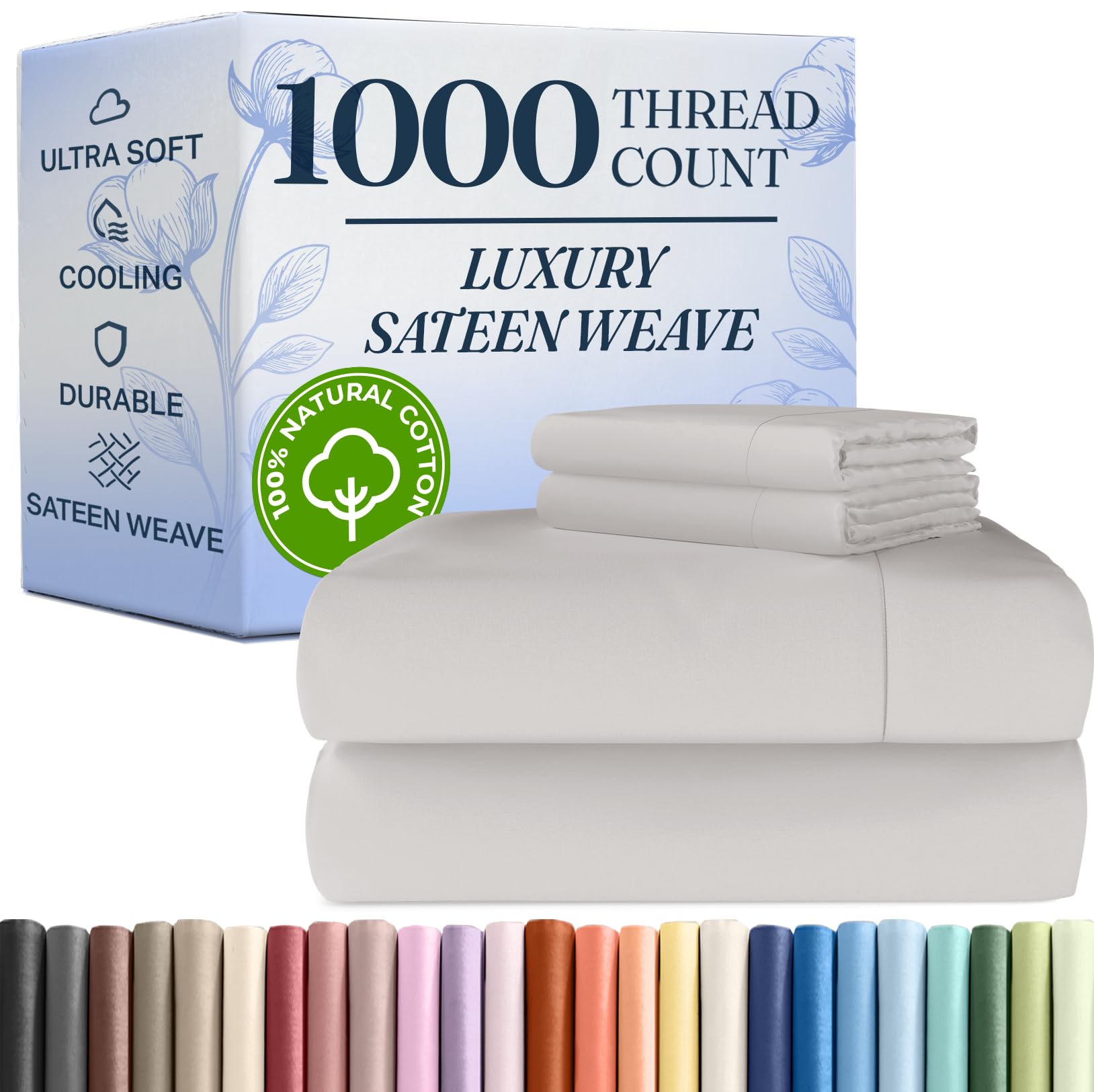 1000 thread count sheet set - 100% cotton bed sheets - softer than egyptian cotton - 4-piece light grey queen set - soft sateen weave - hotel luxury bedding 16" deep pocket (fits up to 17" mattresses)