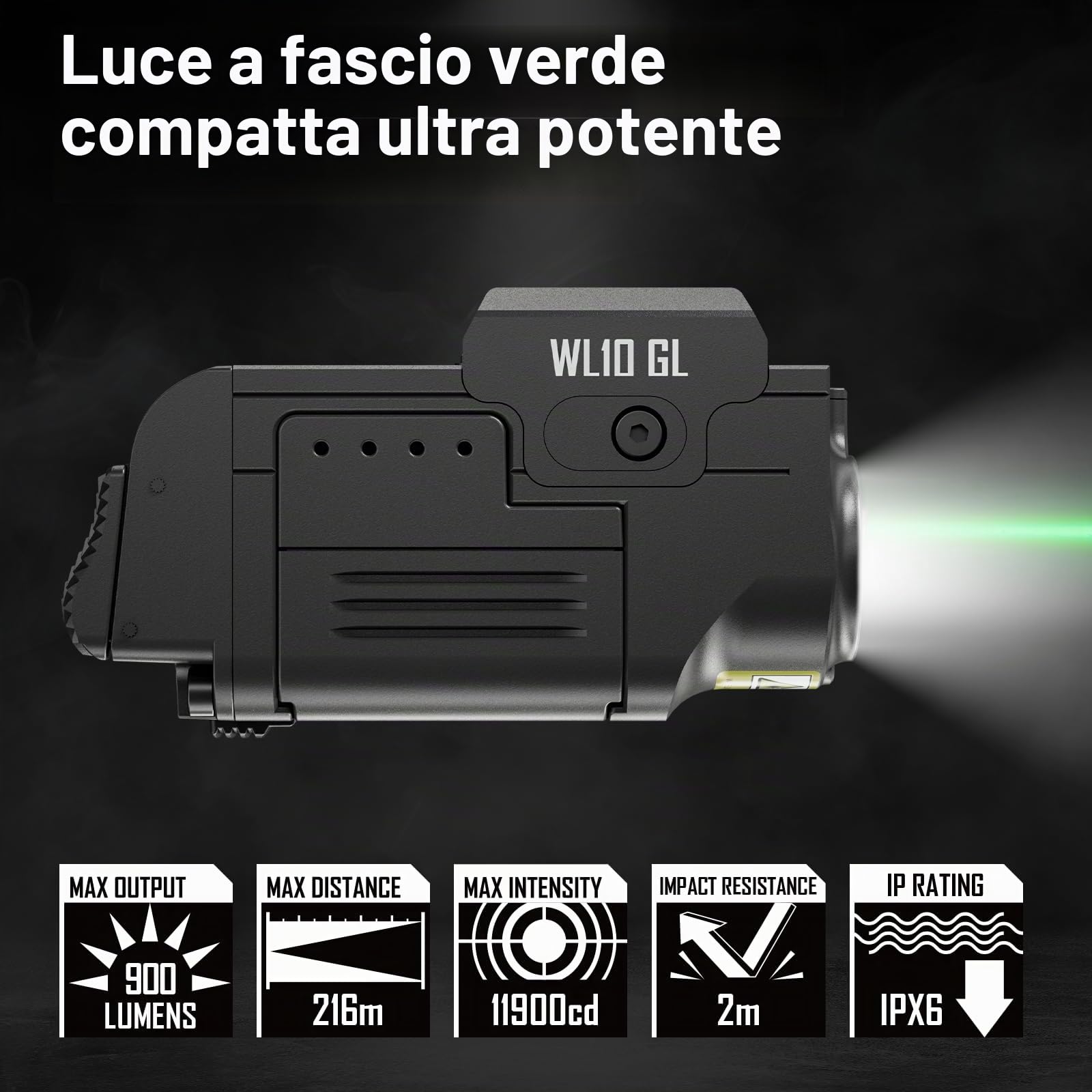 AIMWIN WL10 GL Torcia LED 900 Lumen con Laser Verde – Luce LED con Montaggio Rapido Ricaricabile Magnetica per Slitte Standard 1913 e GL Rail