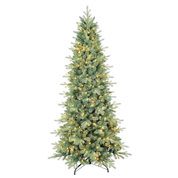 6 FT Prelit Artificial Skinny Christmas Tree,Blue Spruce Slim Pencil Xmas Tree with 1205 PE&PVC Mixed Branch Tips and 300 UL Listed Clear Lights,Hinged Pine Tree with Metal Stand for Home Office Décor