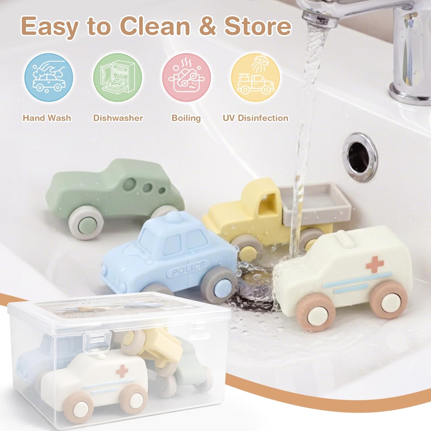 Vanplay Silicone Baby Car Toys with Storage Box - Soft Teething Toys for Babies 6-12 Months, One-Piece Design Push & Pull Baby Toys for Toddlers, Birthday Gifts for Boys Girls（4 PCS）